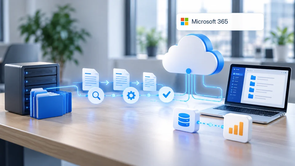 Symbolbild: Daten werden aus bestehenden Systemen in eine Microsoft-365-Cloud übertragen.