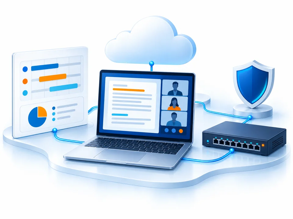 Illustration von Cloud, IT-Planung, Netzwerk und Datensicherheit als verbundenem System
